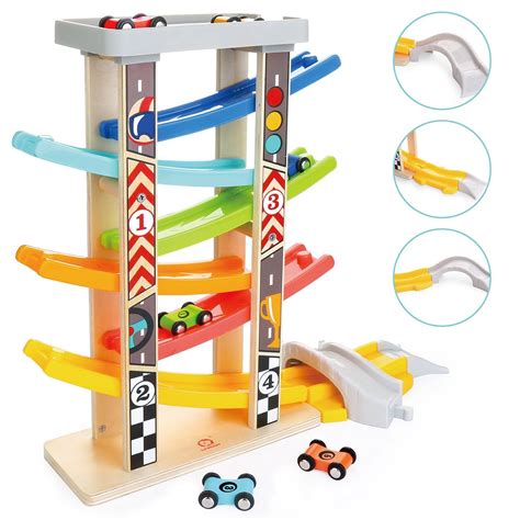 TOP BRIGHT Toddler Toys Race Track for 1 2 Year Old Boy Gifts Wooden Car Ramp Racer with 6 Mini ...