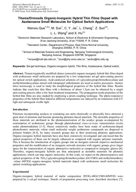 Titania/Ormosils Organic-Inorganic Hybrid Thin Films Doped with Azobenzene Small Molecules for ...