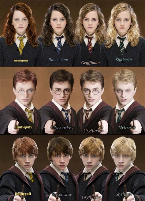 The Golden Trio as members of each of the Hogwarts Houses. | Personajes de harry potter, Fotos ...