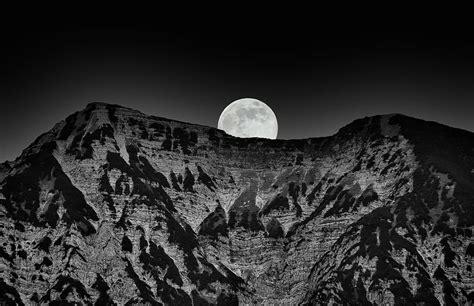 landscape, nature, mountains, black and white, moon, night, atmosphere ...