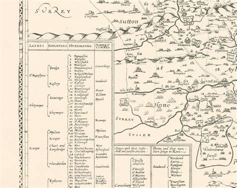 Antiguo mapa de Kent en 1596 por Philip Symonson - Dartford, Maidstone, Bromley, Tunbridge ...