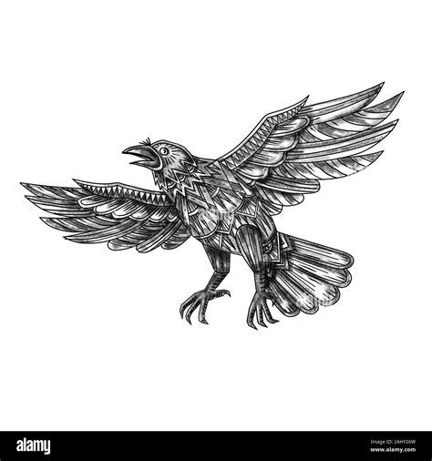 Tattoo style illustration of a raven, blackbird or crow flying up made out of geometric shape or ...