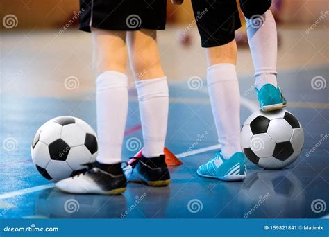 Futsal Soccer Training. Two Young Futsal Players with Balls on Training. Close Up of Legs of ...