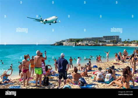 Philipsburg, St Maarten - January 27, 2019: A commercial jet approaches ...