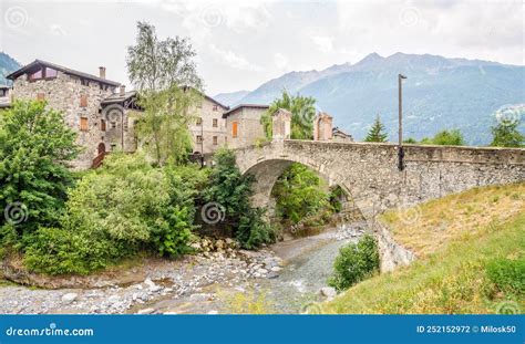 View at the Combo Bridge Over Adda River in Bormio - Italy Stock Photo ...