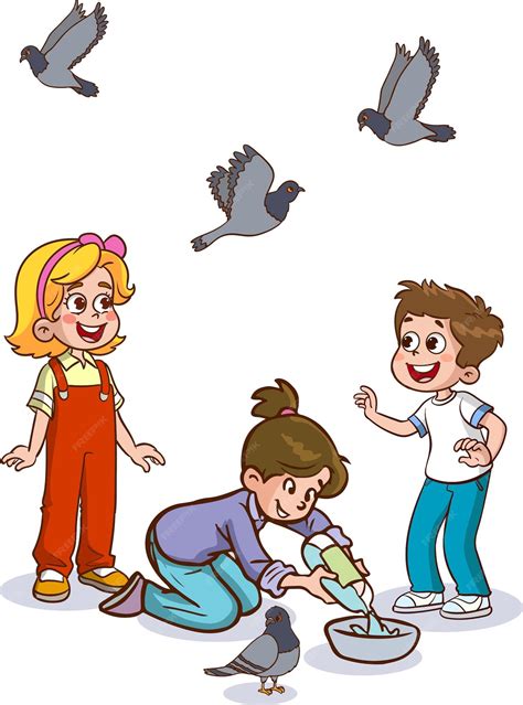 Premium Vector | Children feeding pigeons cartoon vector