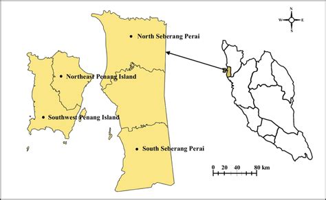 Map of Peninsular Malaysia showing Penang state and the districts of ...