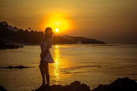 Girl Silhouette on Sunset Beach Background Stock Photo - Image of relax, calm: 47369174