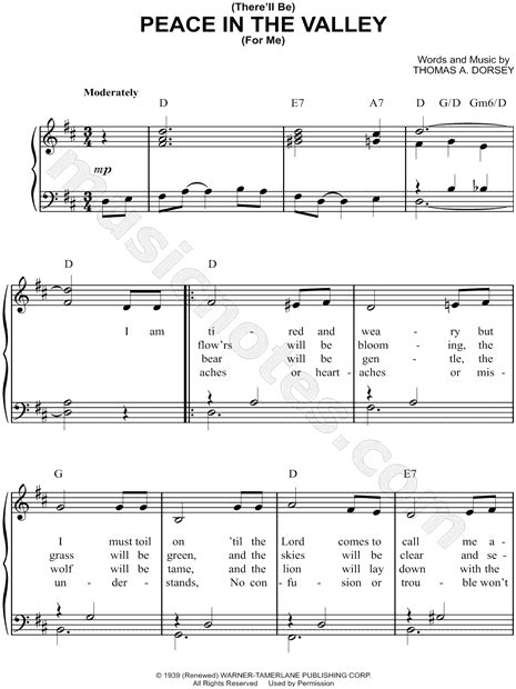 Elvis Presley "Peace in the Valley" Sheet Music (Easy Piano) in D Major ...