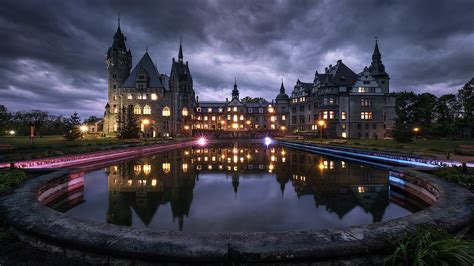 Moszna Castle HDR Night Poland With Reflection On Water HD Travel Wallpapers | HD Wallpapers ...