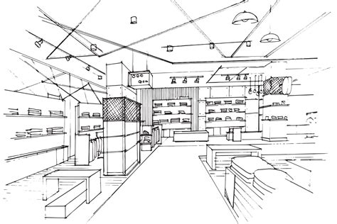 Sketch drawing of clothing store corridor, modern design, vector, 2d illustration. 8452658 ...