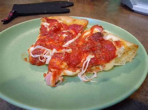 Chicago Style Pizza; with the sauce on top. Gives recipe for pizza ...