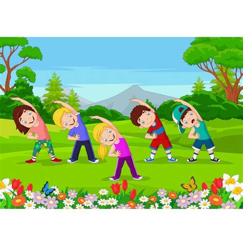 Dibujos animados de niños pequeños haciendo ejercicio en el parque | Vector Premium