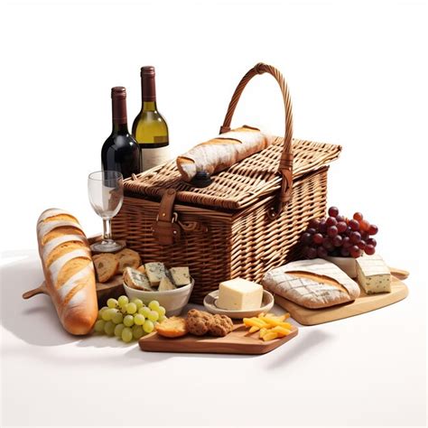 Premium AI Image | a wicker basket with wine and cheese and a basket of ...