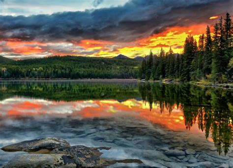 alberta, Canada, Lake, Sunset, Reflection, Forest, Bottom, Landscape ...