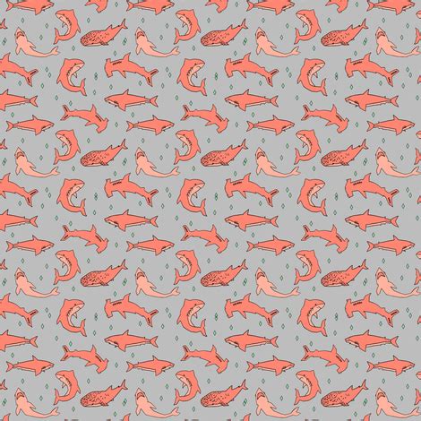 sharks // shark fabric grey and coral shark design shark pattern sharks ...