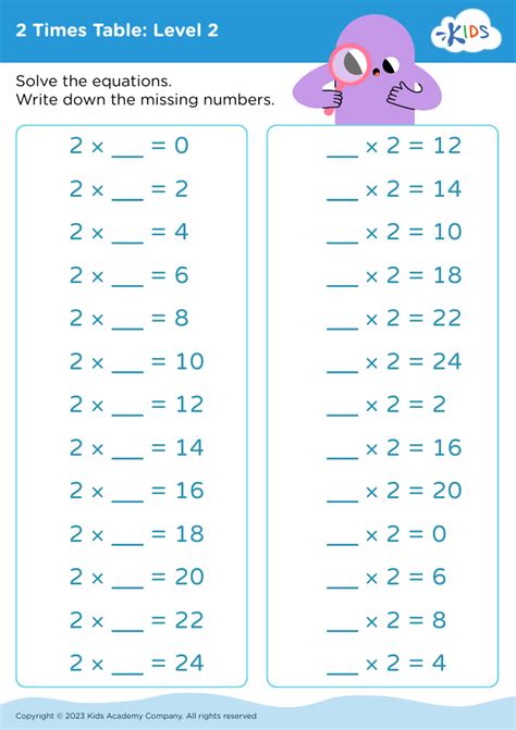 Free 2 Times Table: Level 2 worksheet for Kids