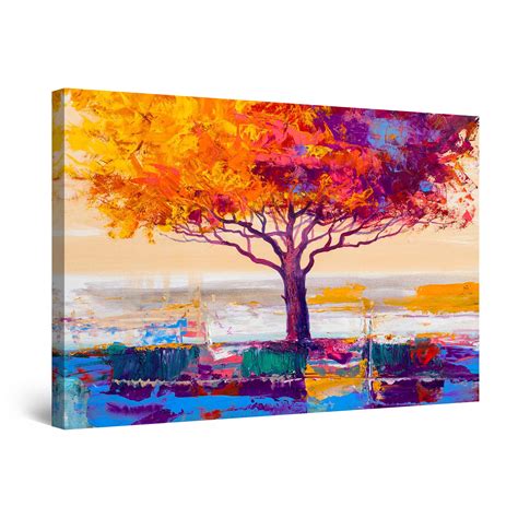 Startonight Canvas Wall Art Abstract Lonely Rainbow Tree Blue Orange Painting Framed 32" x 48 ...