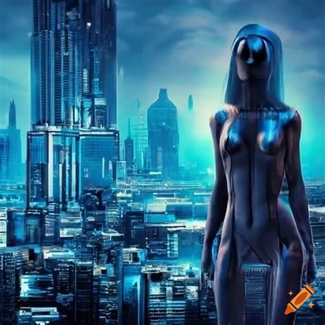 Blue holographic cyber woman in a dystopian city