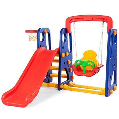 Costzon Toddler Climber and Swing Set, 3 in 1 Climber Slide Playset w/Basketball Hoop, Easy ...