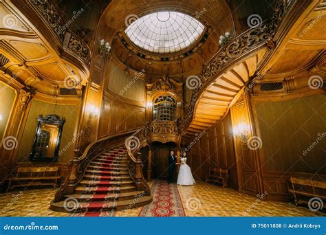 Newlyweds Posing in Gorgeous Rich Interior of Old Classic Mansion Stock Photo - Image of bride ...