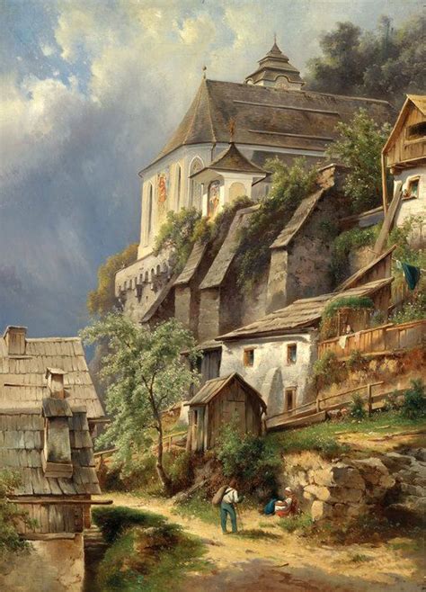 Oil painting great buildings old village in sunset landscape with ...