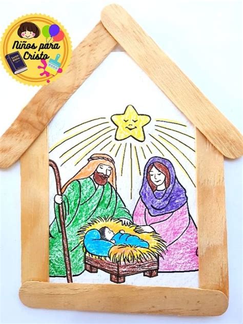 the nativity scene is made out of wood and painted with colored crayons