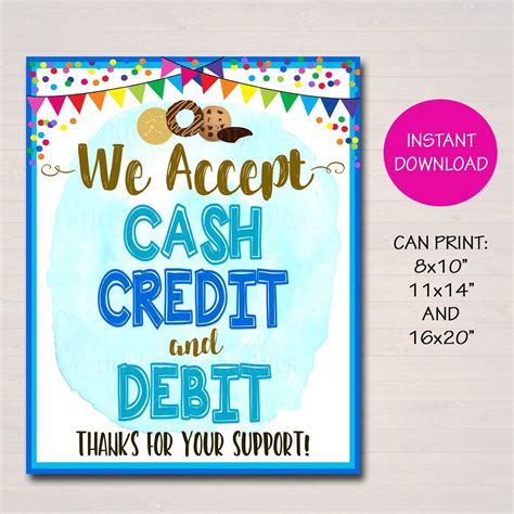 We Accept Payments Sign Cash, Credit, Debit Printable | Credit card ...