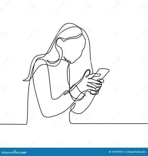 Girl Playing and Using Smart Phone Continuous Line Drawing. One Lineart of Women Communication ...