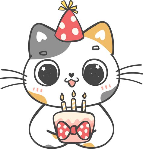 Cute playful happy birthday cat kitten celebrating party cartoon doodle ...