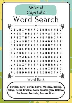 World Capitals : Printable Activity Worksheet for a Fun Word Search Challenge!