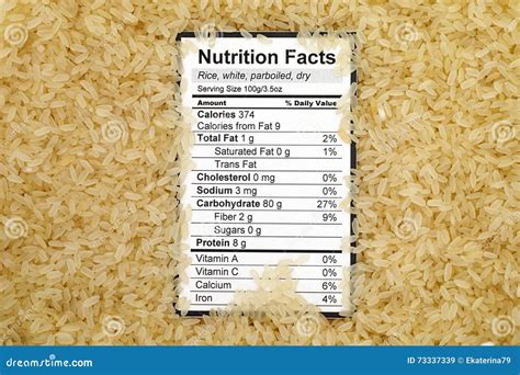 Nutrition Facts of Dry White Parboiled Rice with Rices Background Stock ...