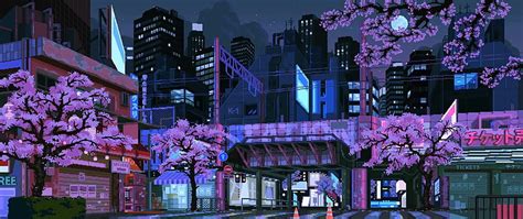 Sakura blossom, pixel art, skyscrapers, town, Games, HD wallpaper | Peakpx