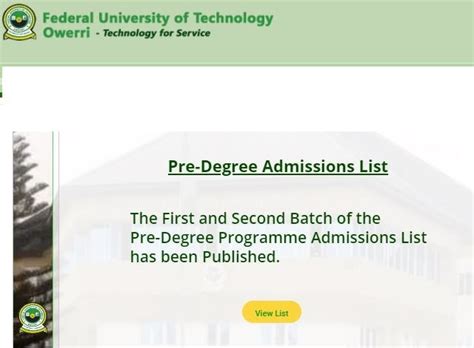 FUTO Pre Degree Admission List 2024/2025 Session Out - How To Check