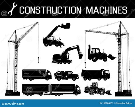 Construction Equipment: Trucks, Excavators, Bulldozer, Elevator, Cranes. Detailed Silhouettes Of ...