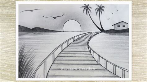 Beautiful Sunset Nature drawing with pencil sketch, Easy Pencil Drawing ...