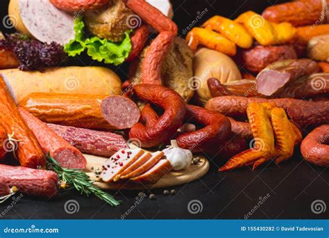 Different Types of Sausages and Meat Products on a Black Background. Stock Photo - Image of ...