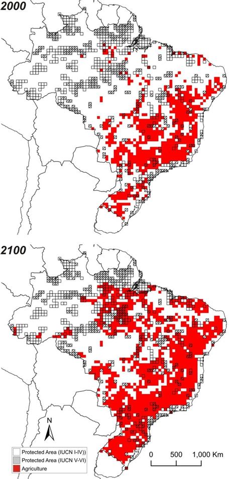 Map of the area covered by agriculture in Brazil, in 2000 and in 2100 ...