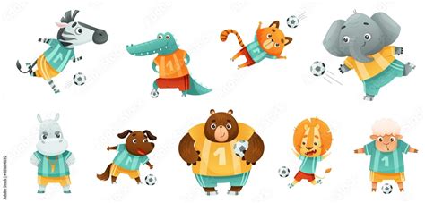 Team of wild animals playing soccer. Cute lion, zebra, cat, elephant ...