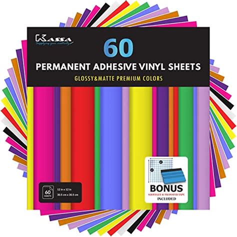 Kassa Permanent Vinyl Sheets (Pack of 60, 12” x 12”) - Includes Bonus ...