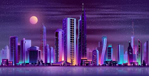 Free Vector | Modern city night landscape neon cartoon | Night ...