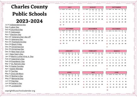 Charles County Public Schools Calendar with Holidays 2023-2024