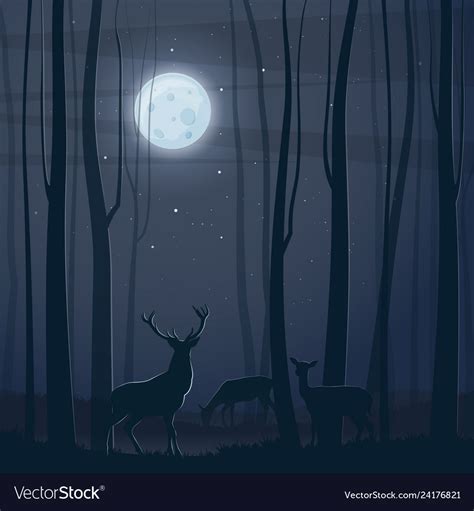 Night scene with a forest moon and deers Vector Image