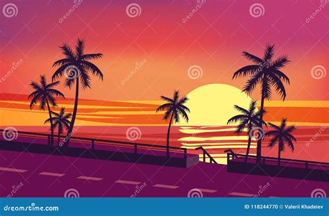 Sunset, Ocean, Evening, Palm Trees Sea Shore, Vector, Illustration ...