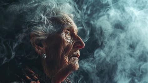 Premium Photo | Portrait of an old woman with smoke on a black background