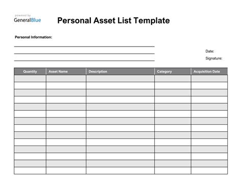 Personal Asset List Template | List template, Templates, Business template