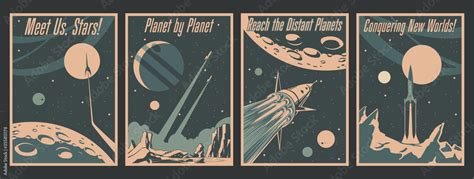 Retro Futurism Space Conquering Poster Set, Spacecraft, Rockets, Space Mission Propaganda ...