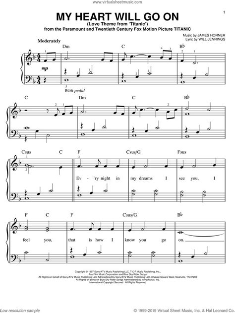 the sheet music for my heart will go on, which includes notes and piano ...