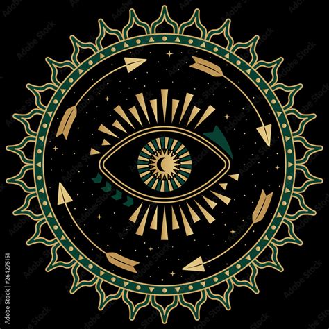 Mystic eye symbol folk illustration. Art deco print with gold and green ...