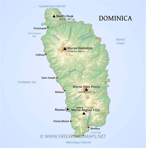 Dominica Map; Geographical features of Dominica of the Caribbean ...